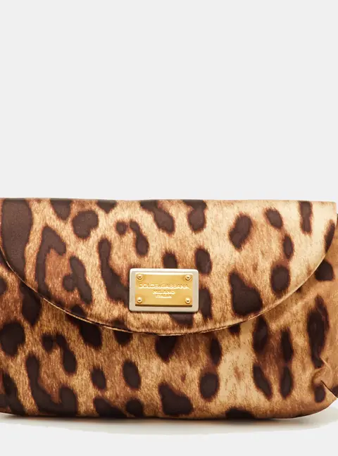 Dolce & Gabbana Brown Leopard Print Satin Flap Clutch