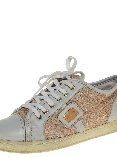 Dolce &Gabbana White/Brown Leather Sequin Embellished Sneakers Size 34