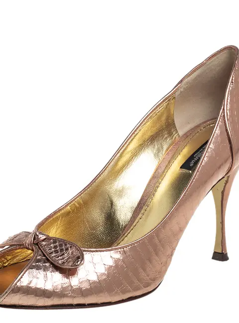Dolce & Gabbana Metallic Bronze Python Embossed Leather Peep Toe Pumps Size 41