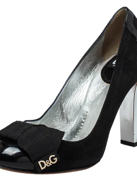 Dolce & Gabbana Black Suede And Patent Leather Block Heel Pumps Size 37