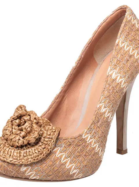 Dolce & Gabbana Beige Raffia And Fabric Flower Pumps Size 39