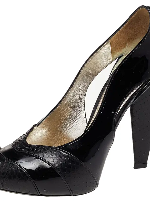 Dolce & Gabbana Size 37 Black Patent Leather and Python Embossed Leather Platform Pumps
