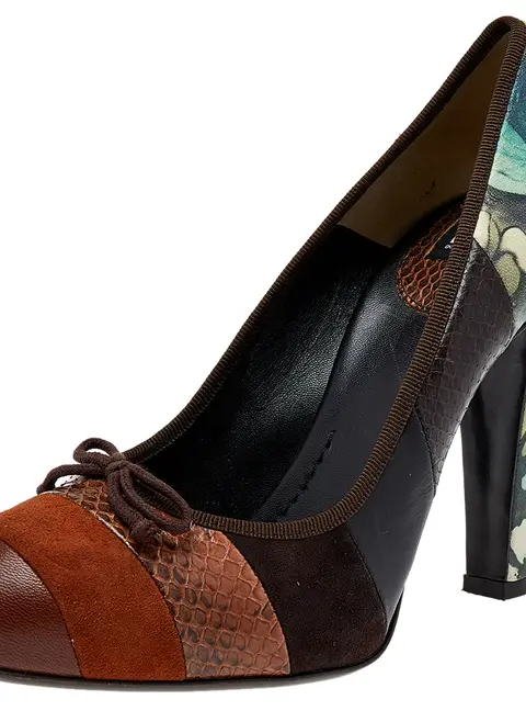 Dolce & Gabbana Size 37.5 Multicolor Leather, Python Leather and Suede Pumps