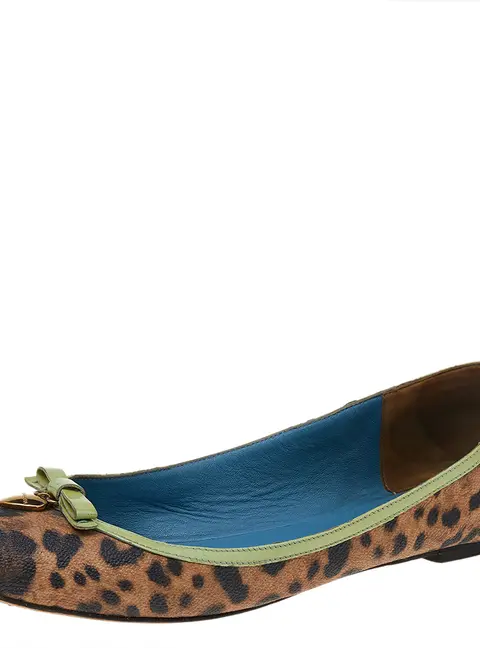 Dolce & Gabbana Brown/Green Leopard Print Coated Canvas And Patent Leather Ballet Flats Size 40