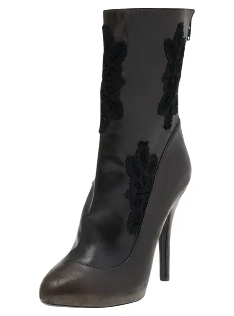 Dolce & Gabbana Dark Brown/Black Leather and Lace Ankle Boots Size 39