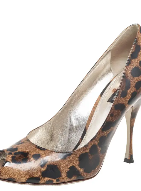 Dolce & Gabbana Brown/Black Leopard Print Leather Peep-Toe Pumps Size 41
