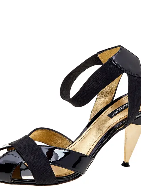 Dolce & Gabbana Size 40 Black Patent Leather and Stretch Band Ankle Strap Sandals