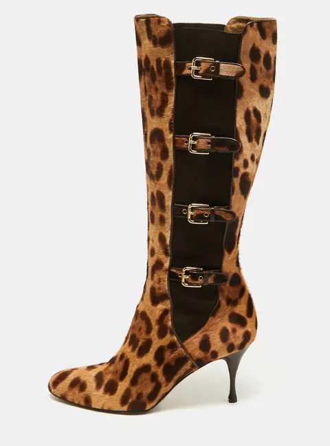 Dolce & Gabbana Brown/Brown Leopard Print Calf Hair Knee Length Boots Size 41