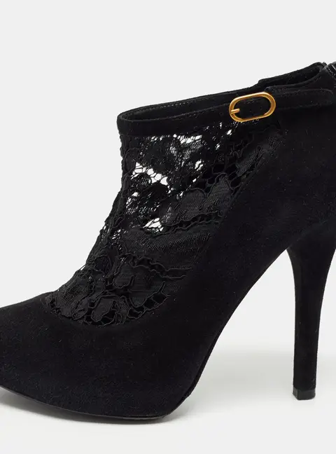 Dolce & Gabbana Black Suede and Lace Pointed Toe Booties Size 38.5
