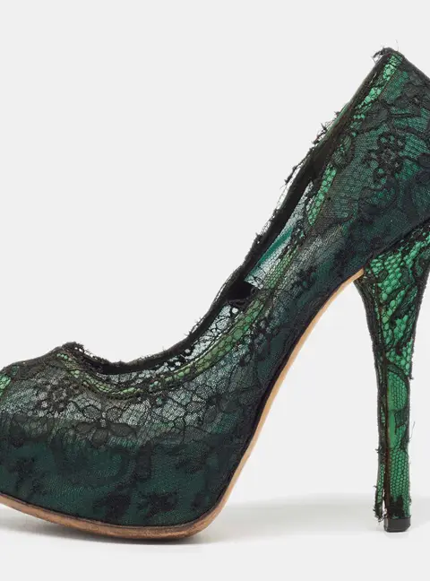 Dolce & Gabbana Black/Green Lace and Satin Peep Toe Platform Pumps Size 40