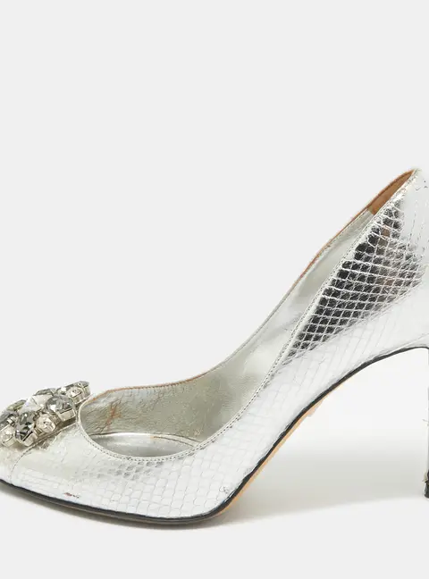 Dolce & Gabbana Bellucci Size 39 Silver Snakeskin Embossed Leather Pumps