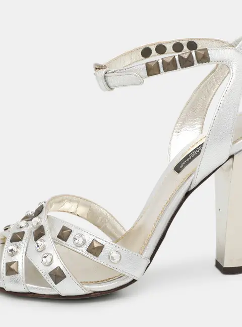 Dolce & Gabbana Silver Leather Embellished Ankle Strap Sandals Size 36.5