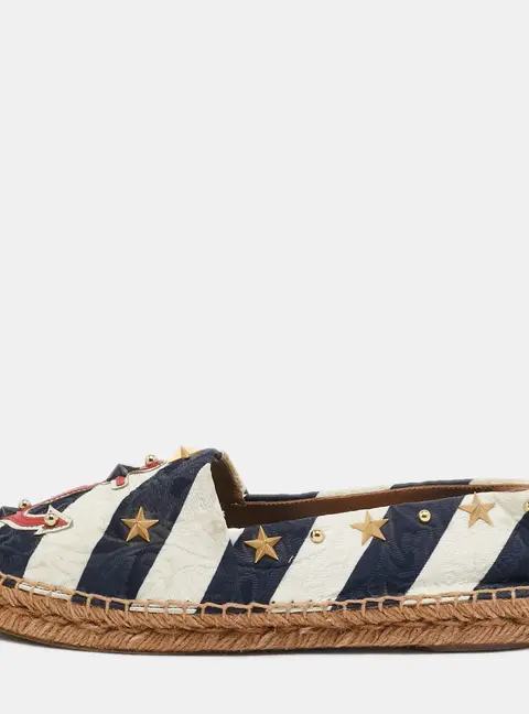 Dolce & Gabbana Navy Blue/White Stripe Fabric Star Studded Anchor Espadrille Flats Size 39