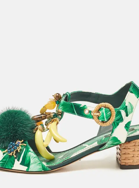 Dolce & Gabbana Green Satin and Fur Banana Embellished T-Strap Sandals Size 39