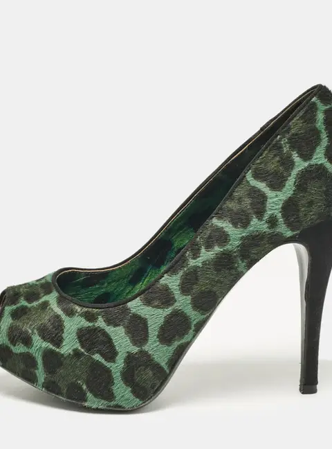 Dolce & Gabbana Green Calf Hair Peep Toe Pumps Size 37.5
