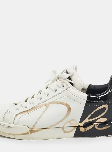 Dolce & Gabbana White/Black Leather and Patent Logo Print Portofino Sneakers Size 37