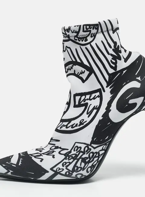 Dolce & Gabbana Black/White Stretch Knit Graffiti Sock Ankle Length Boots Size 39