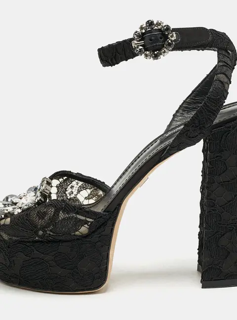 Dolce & Gabbana Black Lace and Mesh Crystal Platform Ankle Strap Sandals Size 40
