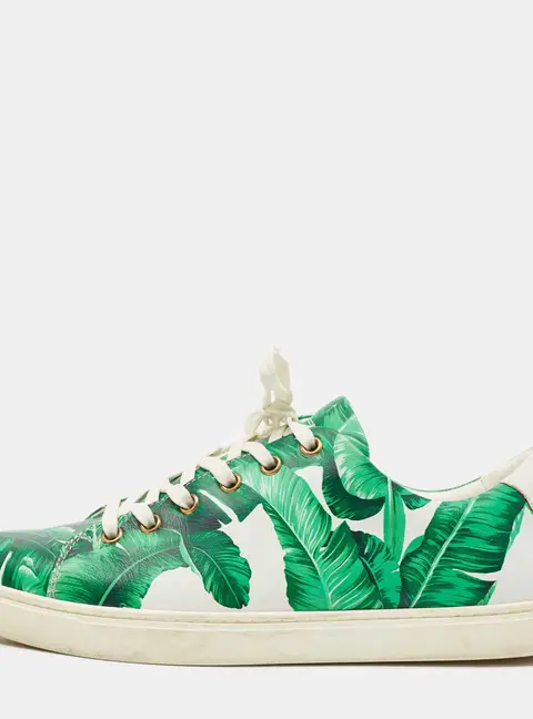 Dolce & Gabbana Green/White Leather Banana Leaf Print Low Top Sneakers Size 40