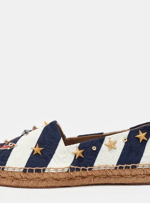 Dolce & Gabbana Navy Blue/White Striped Brocade Fabric Star Studded Espadrille Flats Size 35