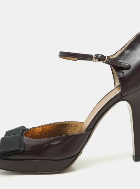 Dolce & Gabbana Burgundy/Black Leather Bow D'orsay Ankle Strap Pumps Size 38.5