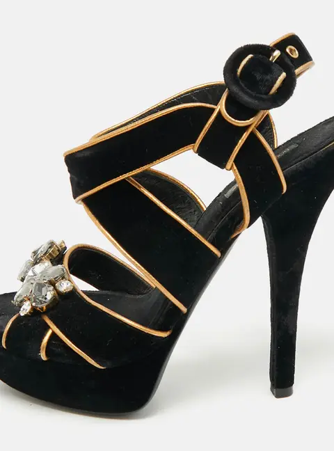 Dolce & Gabbana Black/Gold Velvet and Leather Crystal Embellished Platform Sandals Size 38.5