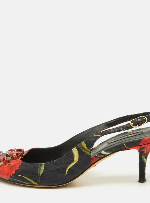 Dolce & Gabbana Black Brocade Floral Fabric Crystal Embellished Slingback Pumps Size 39.5