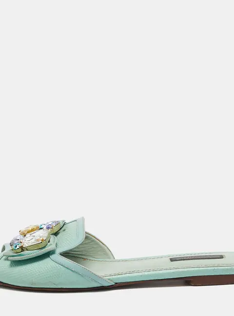Dolce & Gabbana Blue Lizard Embossed Leather Crystal Embellished Bow Flat Slides Size Size 38.5