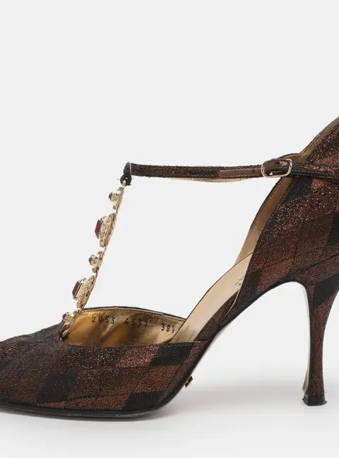 Dolce & Gabbana Metallic Lurex Fabric Peep Toe Ankle Strap Pumps Size 38.5