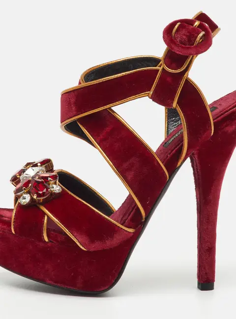 Dolce & Gabbana Red Velvet and Leather Crystal Embellished Platform Sandals Size 36
