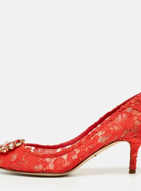 Dolce & Gabbana Orange Lace Crystal Embellished Bellucci Pumps Size 37.5