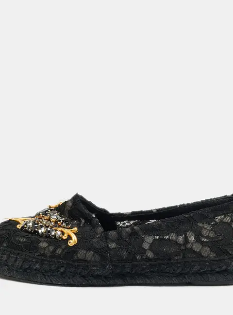 Dolce & Gabbana Black Lace And Mesh Crystal Embellished Espadrille Flats Size 36