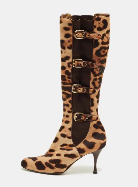 Dolce & Gabbana Brown Leopard Print Calf Hair Knee Length Boots Size 37