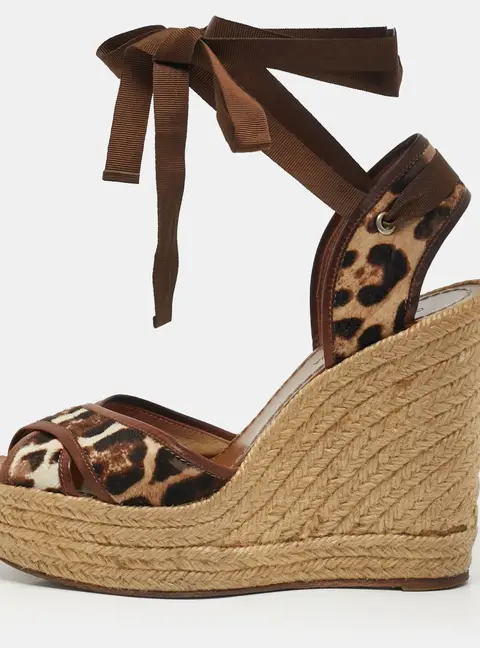 Dolce & Gabbana Size 38 Brown Calf Hair and Leather Wedge Sandals