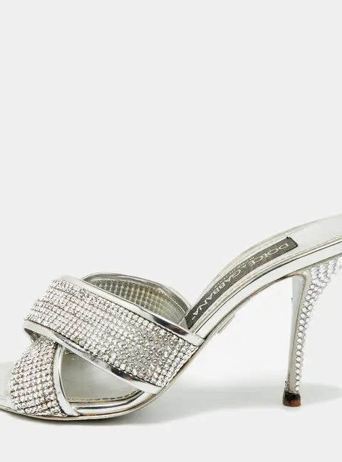 Dolce & Gabbana Size 38 Silver Crystals and Leather Criss-Cross Slide Sandals