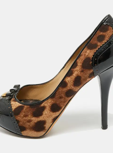 Dolce & Gabbana Size 39 Brown/Black Leopard Print Canvas and Patent Leather Peep Toe Pumps