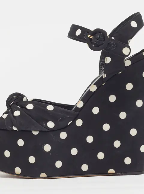 Dolce & Gabbana Polka Dot Size 41 Black Fabric Ankle Strap Platform Wedge Sandals