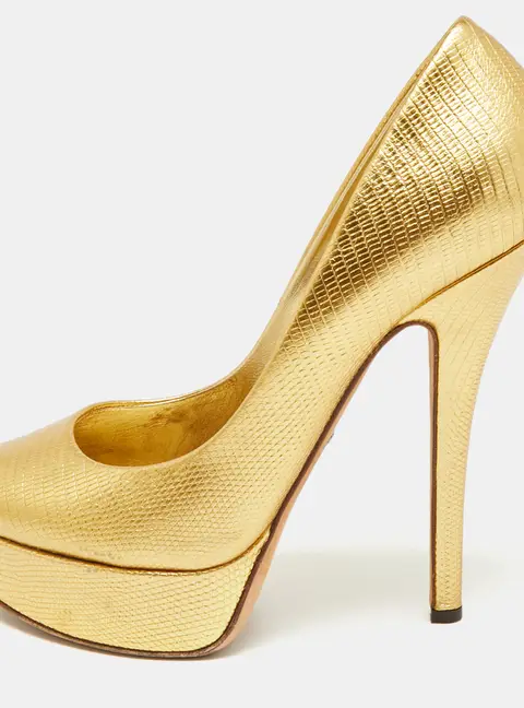 Dolce & Gabbana Size 39 Gold Lizard Embossed Leather Platform Pumps