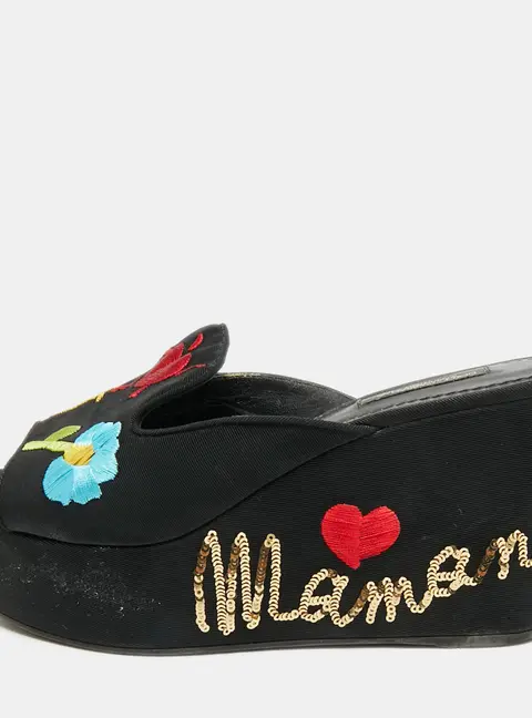 Dolce & Gabbana Size 38 Black Embroidery Fabric Platform Wedge Sandals