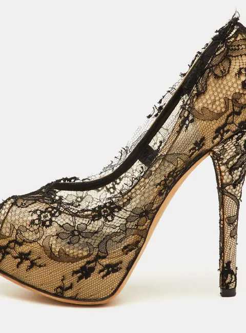 Dolce & Gabbana Size 38.5 Black/Beige Lace and Mesh Peep Toe Platform Pumps