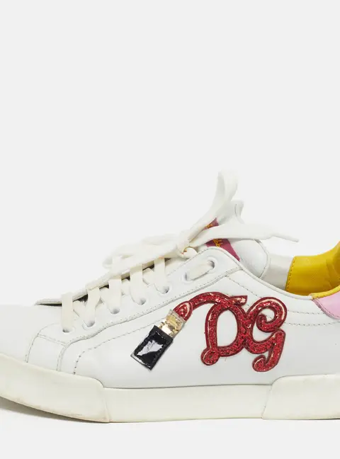Dolce & Gabbana Portofino Size 37 White/Pink Leather Lace Up Sneakers