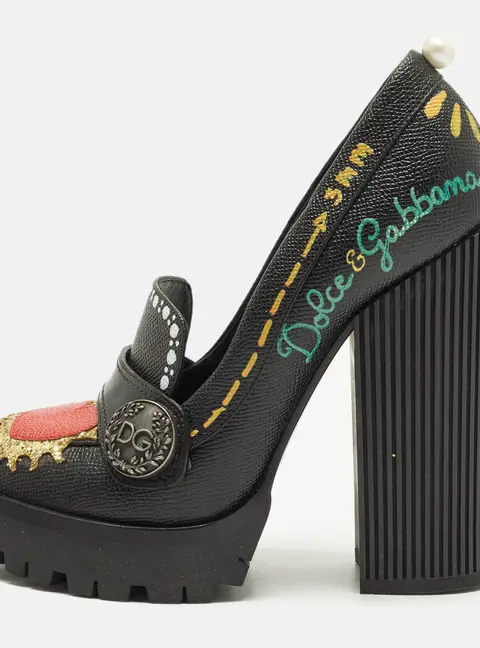 Dolce & Gabbana Edna Size 38.5 Black Leather Block Heel Pumps