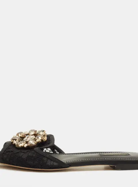 Dolce & Gabbana Sofia Size 38.5 Black Lace Crystal Embellished Flat Slide Sandals