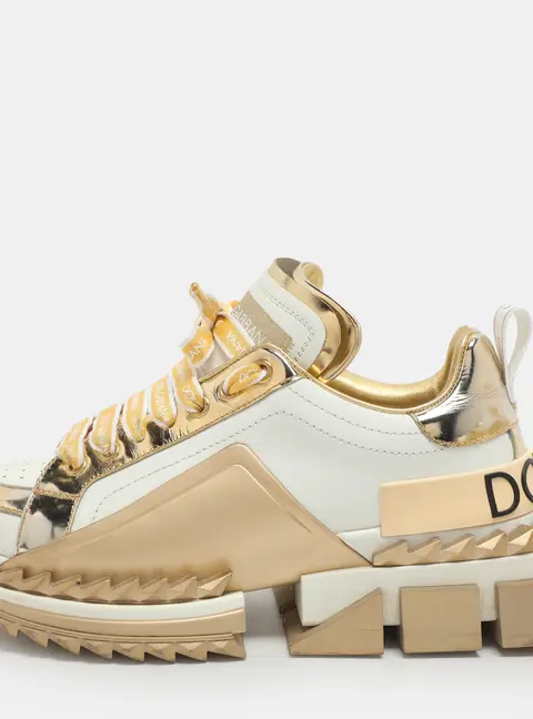 Dolce & Gabbana Super King Size 38.5 White/Gold Leather Low Top Sneakers