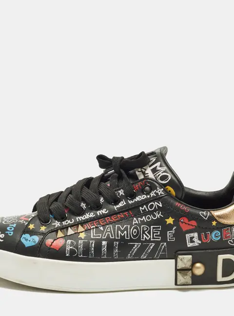 Dolce & Gabbana Portofino Size 36.5 Black Leather Graffiti Lace Up Sneakers