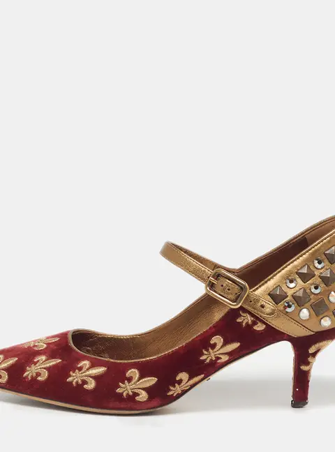 Dolce & Gabbana Lily Size 39 Red Brocade Velvet Leather Mary Jane Pumps
