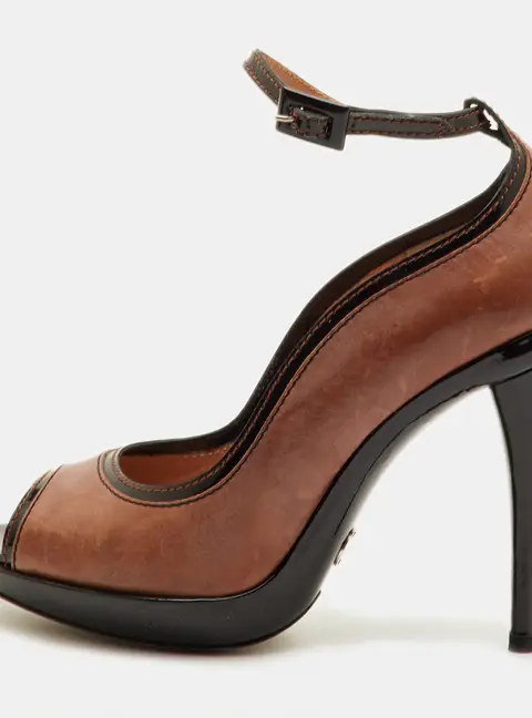Dolce & Gabbana Size 39.5 Brown/Black Patent and Leather Peep Toe Platform Ankle Strap Pumps