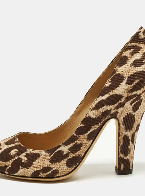 Dolce & Gabbana Size 37.5 Brown Leopard Print Canvas Peep Toe Pumps
