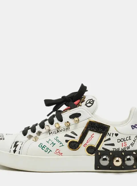 Dolce & Gabbana Size 38 White Leather Love Graffiti Printed Low Top Sneakers