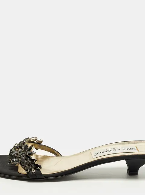 Dolce & Gabbana Size 40 Black Fabric Crystal Embellished Slide Sandals